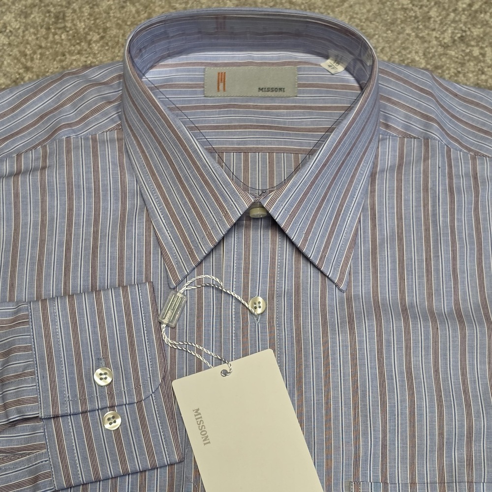 NWT Missoni Mens Dress Shirt 16 41 Blue Brown Stripe 100% Cotton Italy Luxury